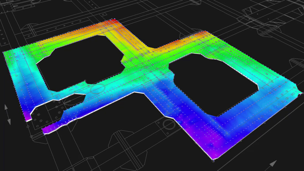 Survey data converted to a 3D mesh using a colour gradient to indicate levelness