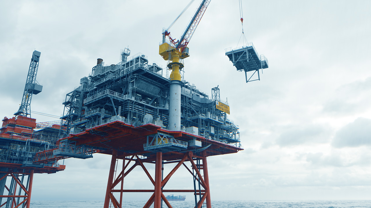 A 3D model of a crane as part of a larger offshore platform