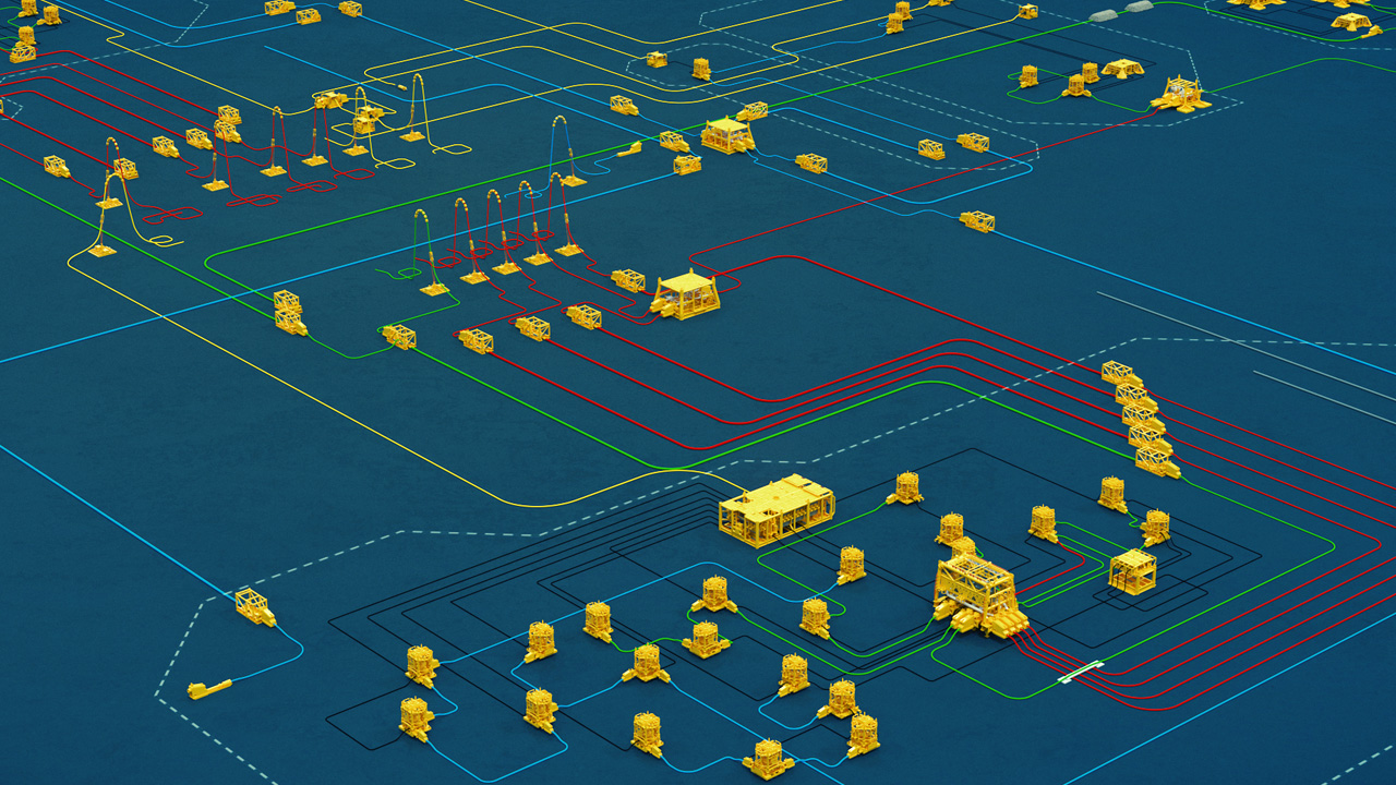Subsea schematic showing extensive layout of structures and flowlines